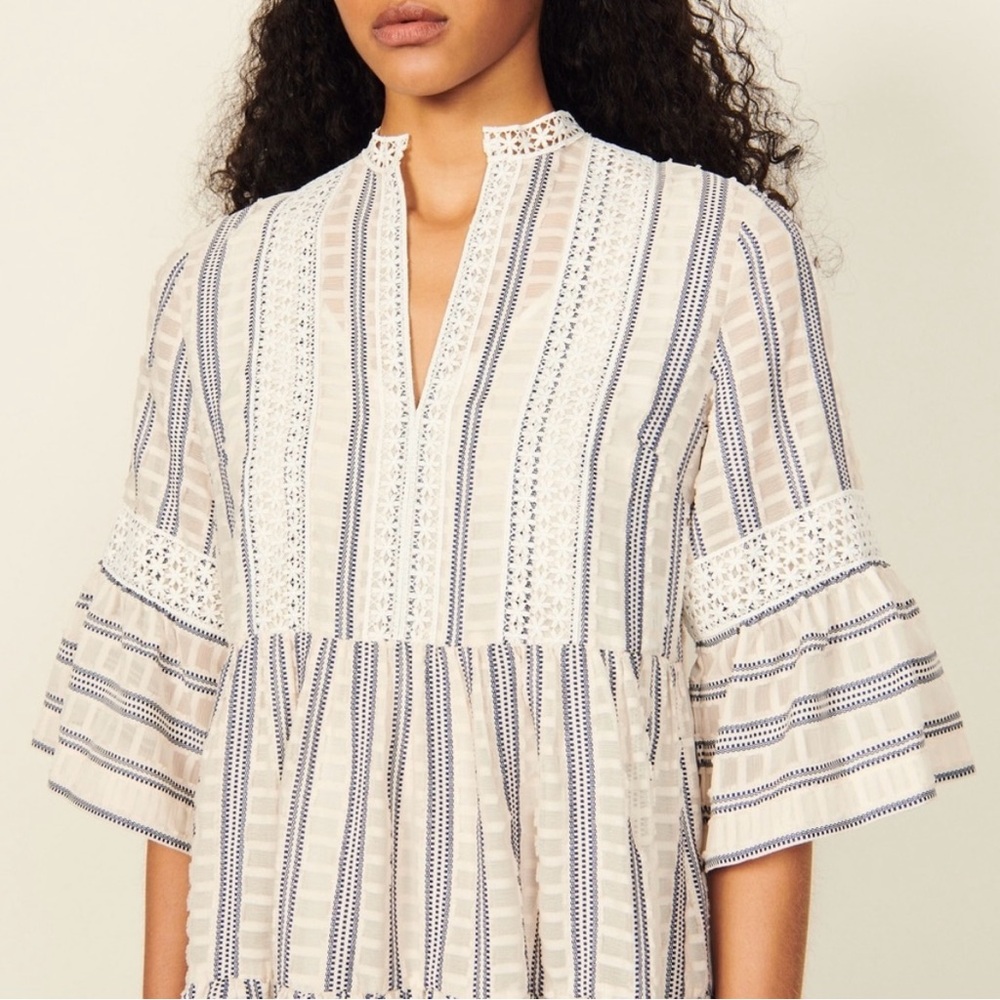 SANDRO • Ecru/White/Navy Stephanie Stripe Boho Lace-Trim Tiered Mini Dress, S - Picture 4 of 16